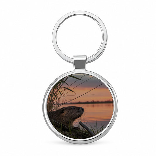 Beaver Pond At Sunset Round Metal Keychain