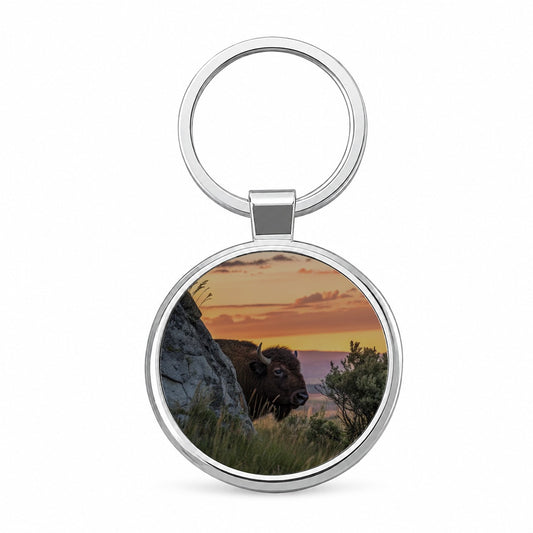 Bison Wildlife At Sunset Round Metal Keychain
