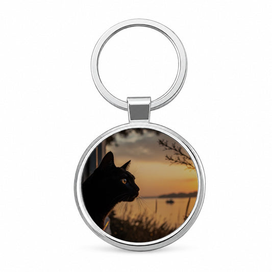 Black Cat Sunset Window Round Metal Keychain
