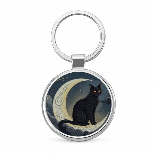 Black Cat Tarot Moon Round Metal Keychain