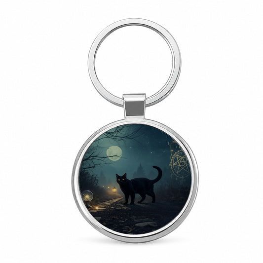 Black Cat Tarot Mystic Round Metal Keychain