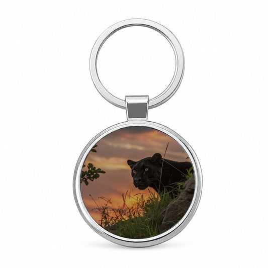 Black Panther At Sunset Round Metal Keychain