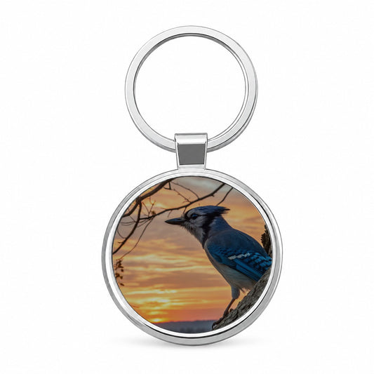 Blue Jay At Sunset Round Metal Keychain