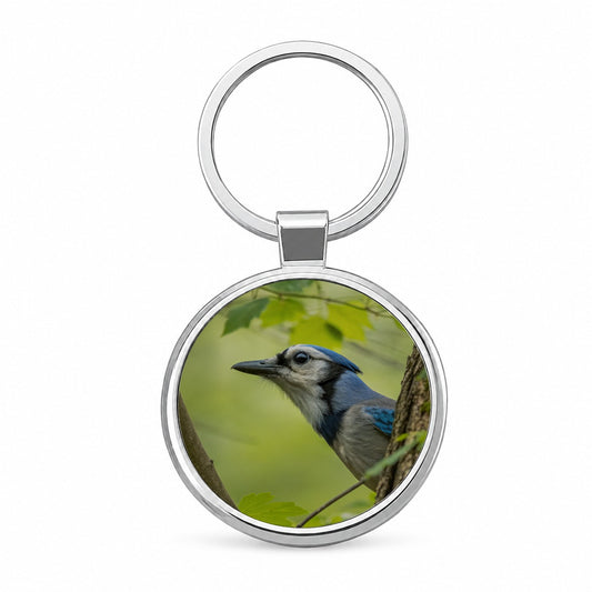 Blue Jay Bird Wildlife Round Metal Keychain