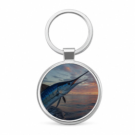 Blue Marlin Fishing Sunset Round Metal Keychain