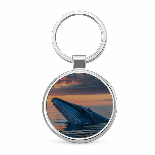 Blue Whale Ocean Sunset Round Metal Keychain