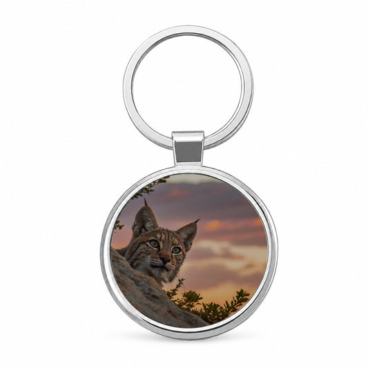 Bobcat At Sunset Round Metal Keychain