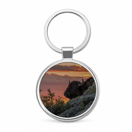 Buffalo At Sunset Round Metal Keychain