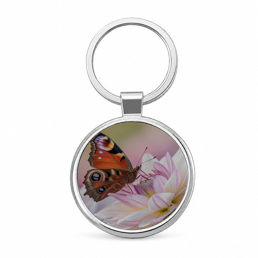 Butterfly Wildflower Garden Scene Round Metal Keychain