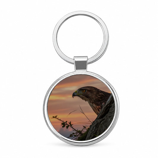 Buzzard Bird At Sunset Round Metal Keychain