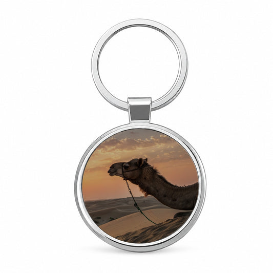 Camel Desert At Sunset Round Metal Keychain