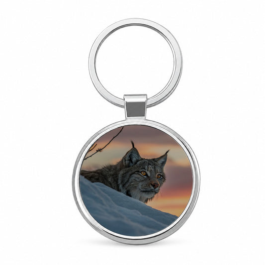 Canada Lynx At Sunset Round Metal Keychain