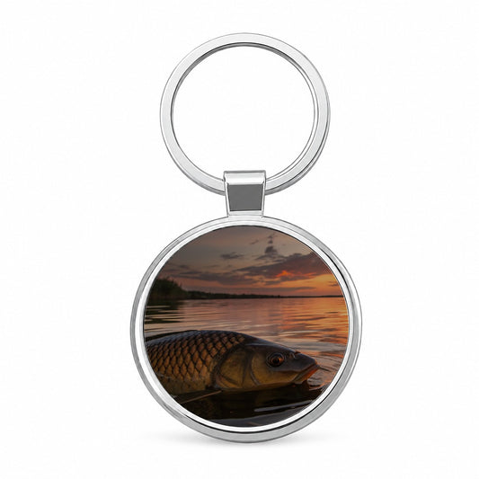 Carp Fishing At Sunset Round Metal Keychain