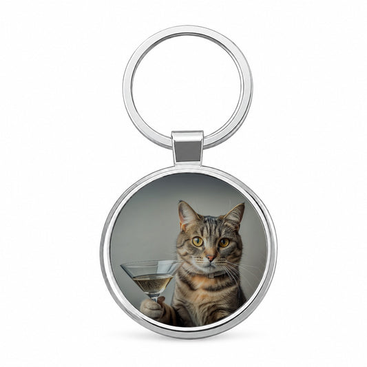Cat Martini Glass Funny Round Metal Keychain
