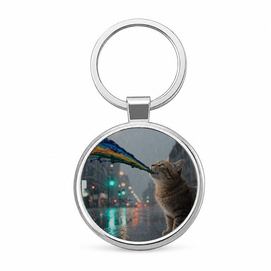 Cat Puking Rainbow Funny Round Metal Keychain