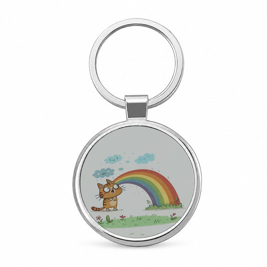 Cat Rainbow Pride Round Metal Keychain