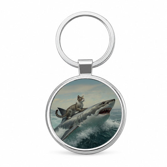 Cat Riding Shark Funny Round Metal Keychain