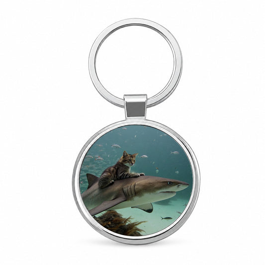 Cat Riding Shark Under Water Round Metal Keychain