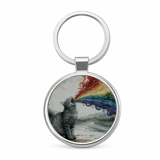 Cat Vomiting Rainbow Watercolor Round Metal Keychain