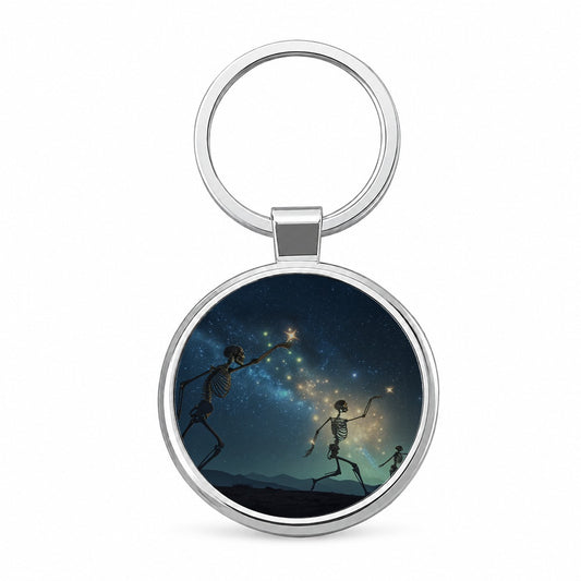 Celestial Dancing Skeletons Halloween Round Metal Keychain