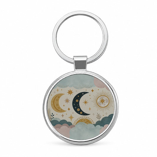 Celestial Moon Collage Round Metal Keychain