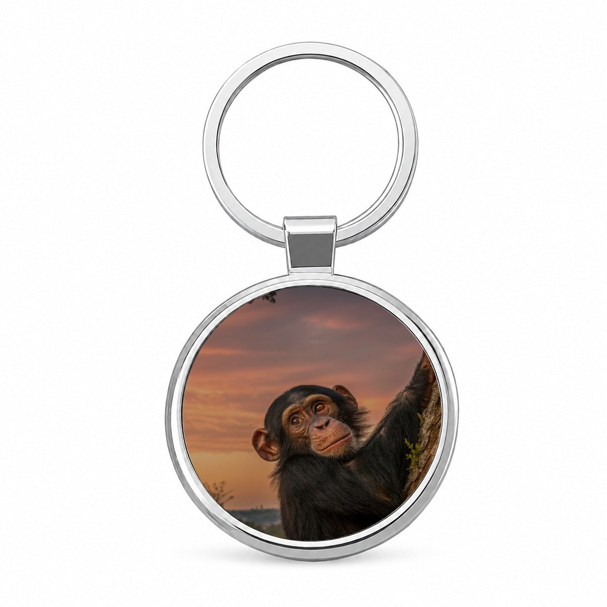 Chimpanzee Ape At Sunset Round Metal Keychain
