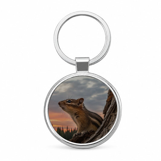 Chipmunk At Sunset Round Metal Keychain