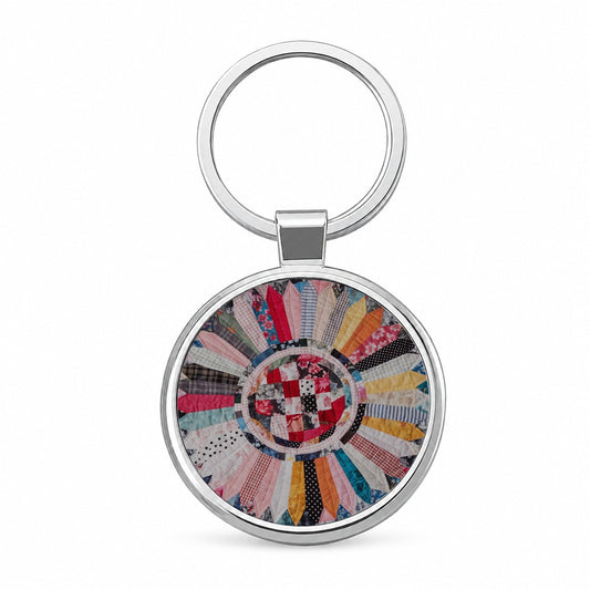 Circular Quilt Round Metal Keychain