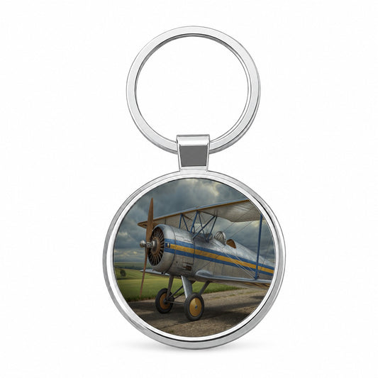 Classic Biplane Vintage Aircraft Round Metal Keychain