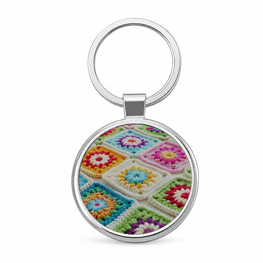 Colorful Crochet Granny Squares Round Metal Keychain