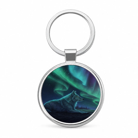 Cosmic Wolf Northern Lights Round Metal Keychain