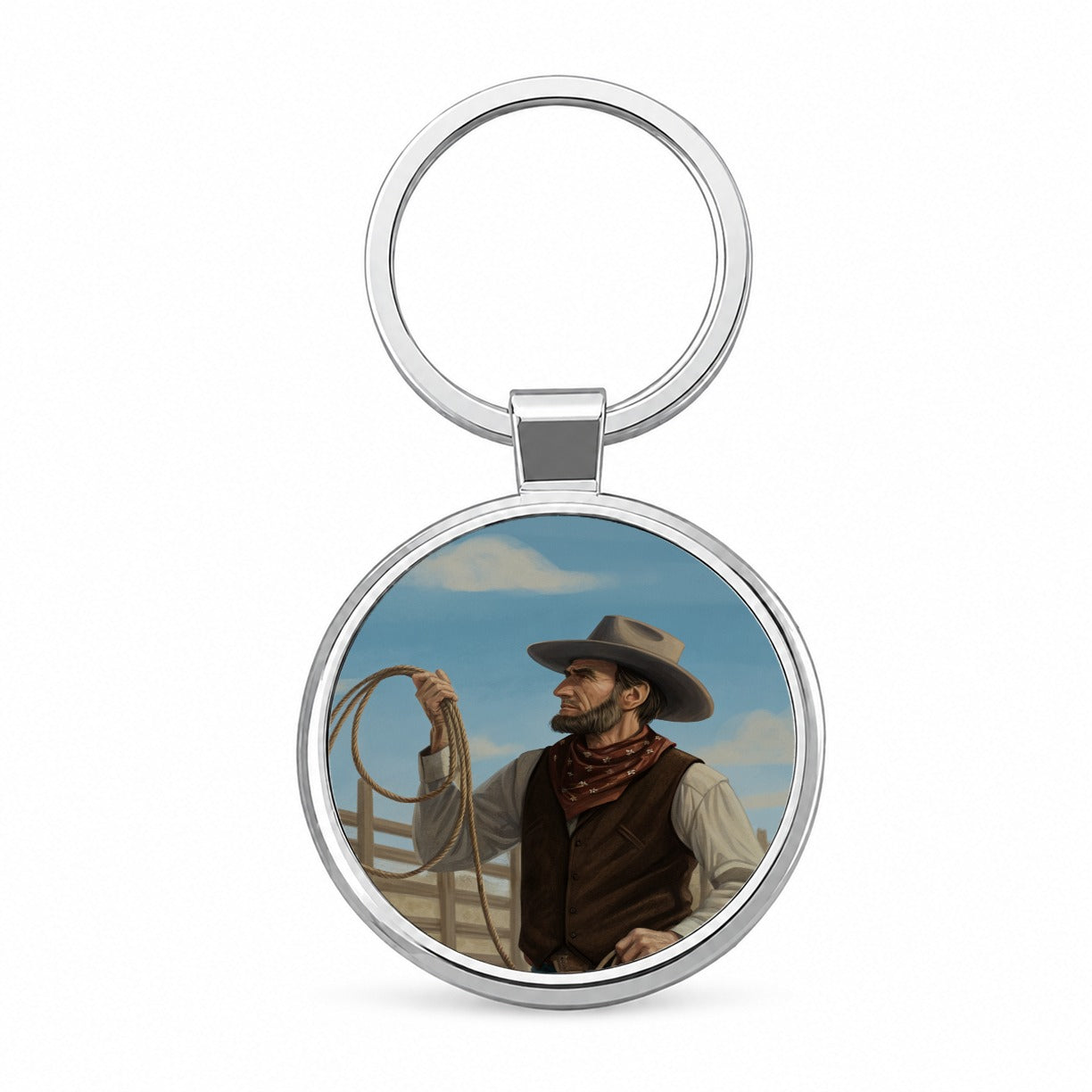 Cowboy Abraham Lincoln Round Metal Keychain