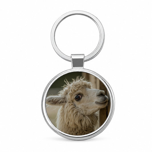 Curious Alpaca Close Up Round Metal Keychain