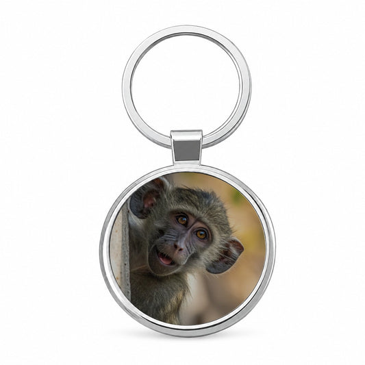 Curious Baboon Wildlife Nature Round Metal Keychain