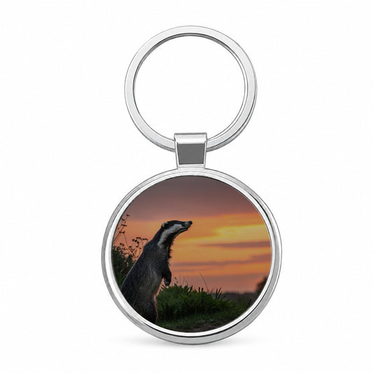Curious Badger Sunset Scene Round Metal Keychain