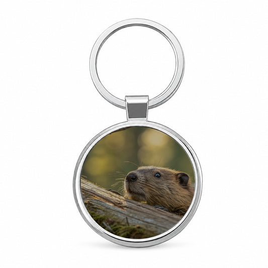 Curious Beaver Wildlife Nature Round Metal Keychain