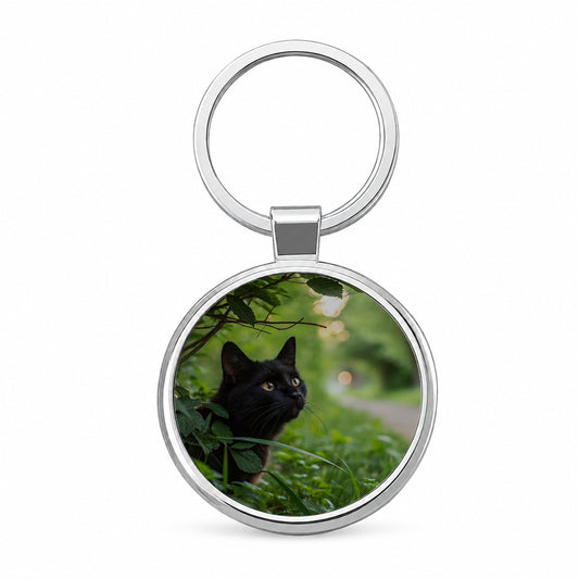 Curious Black Cat Nature Round Metal Keychain