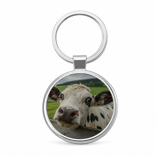 Curious Cow Farm Life Round Metal Keychain