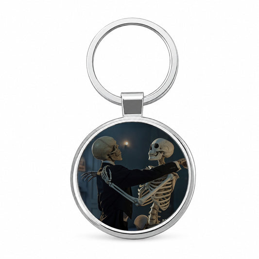 Dancing Skeleton Couple Halloween Round Metal Keychain