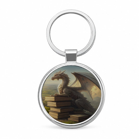 Dragon Books Reading Mountaintop Round Metal Keychain