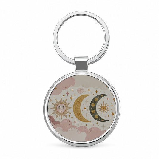 Dreamy Moon and Stars Round Metal Keychain