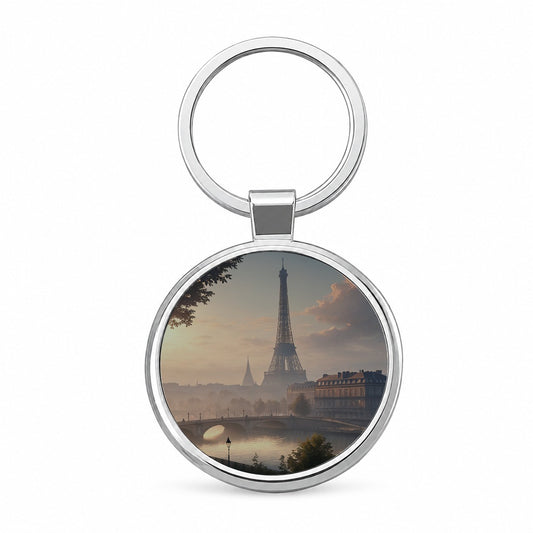 Eiffel Tower Paris France Morning Round Metal Keychain