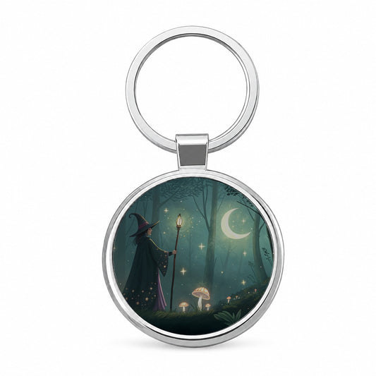 Enchanted Forest Witch Scene Round Metal Keychain