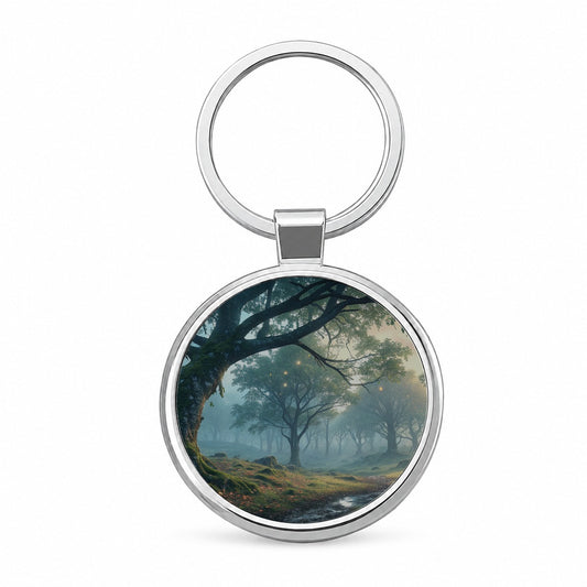 Enchanted Woodland Forest Landscape Round Metal Keychain