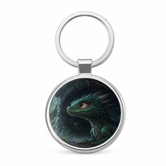Fantasy Dragon Cave Scene Round Metal Keychain