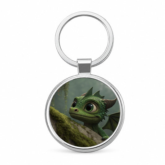 Fantasy Dragon Forest Nature Round Metal Keychain