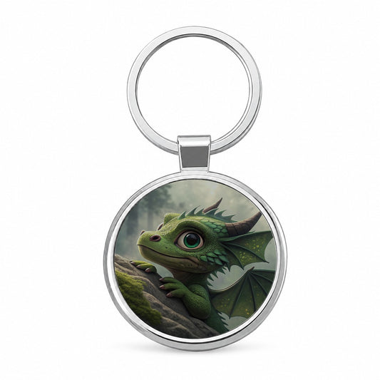 Fantasy Dragon Forest Scene Round Metal Keychain