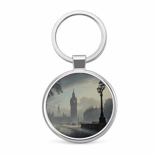 Foggy London England Cityscape Round Metal Keychain