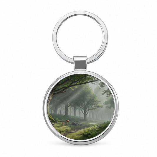 Foggy Woodland Forest Landscape Round Metal Keychain