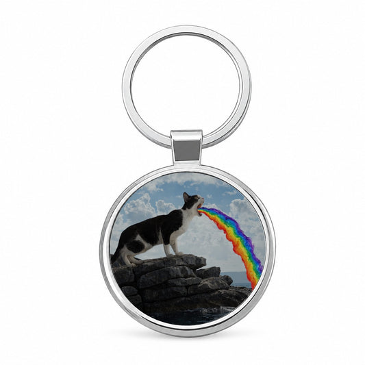 Funny Cat Rainbow Vomit Round Metal Keychain